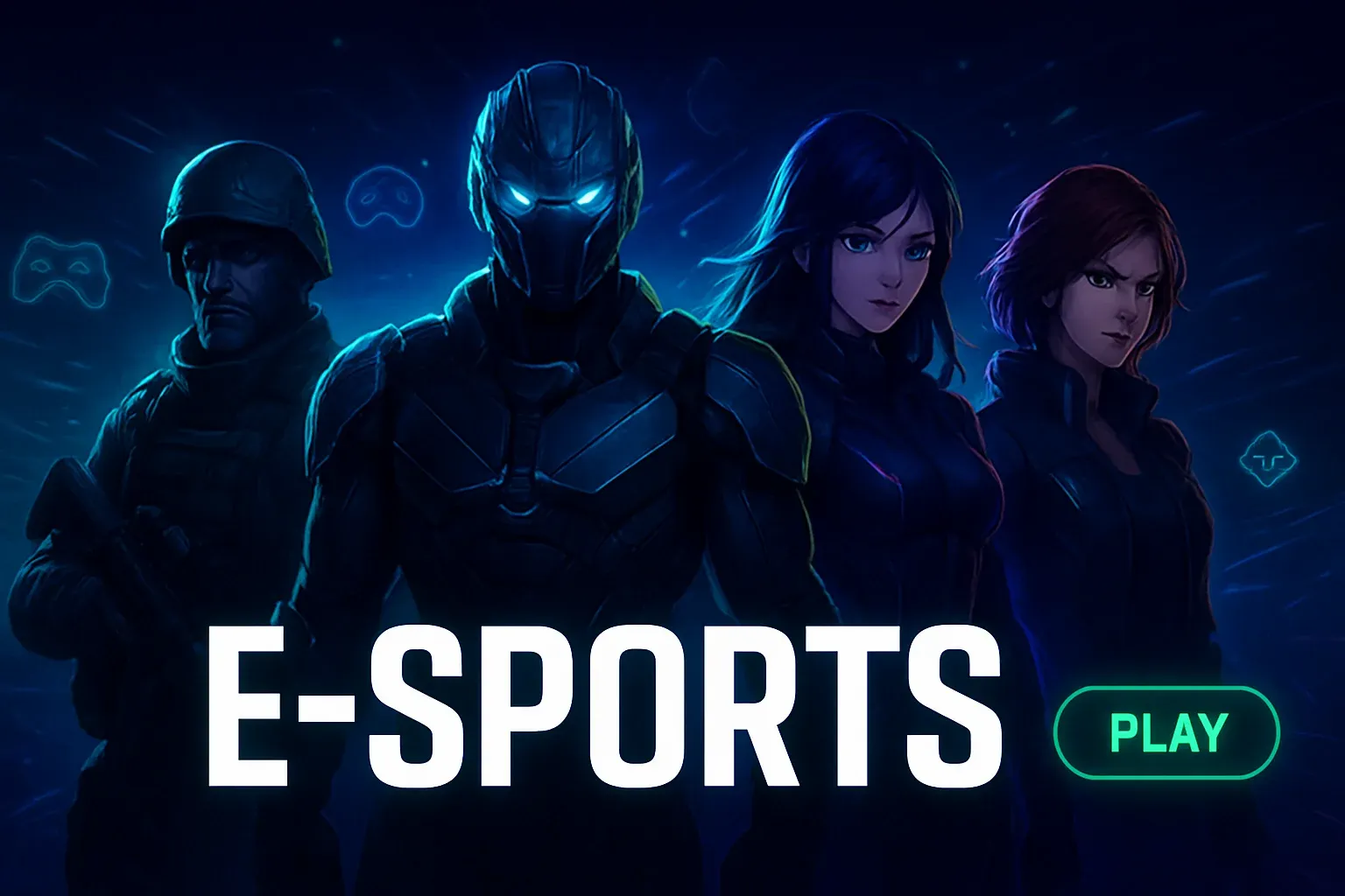 Ultra-high quality digital illustration of futuristic esports characters with neon cyberpunk lighting on dark background for betting homepage