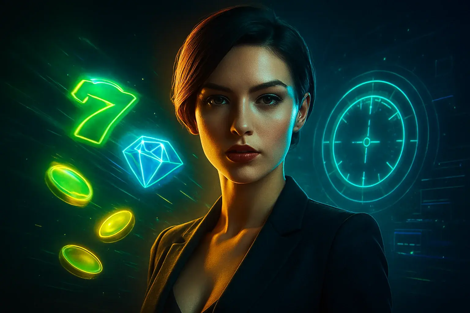Ultra-high quality digital illustration of futuristic digital interface for online casino homepage with neon green and electric blue lighting